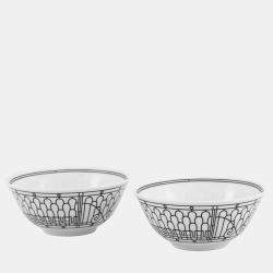 Pre Owned HERMES H Deco Bowls (Set of 2) White/BlackP037084P Porcelain Size 12.5 cm
