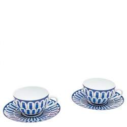 Hermes Blue Porcelain Bleus d'Ailleurs Footed Tea Cup and 2 Saucer