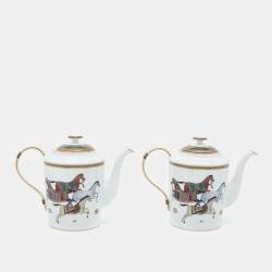Hermès White Cheval d’Orient Printed Porcelain Teapots Set of 2