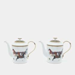 Hermès White Cheval d’Orient Printed Porcelain Teapots Set of 2