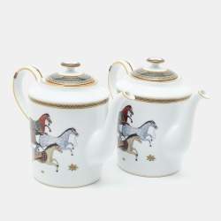 Hermès White Cheval d’Orient Printed Porcelain Teapots Set of 2