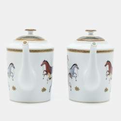 Hermès White Cheval d’Orient Printed Porcelain Teapots Set of 2