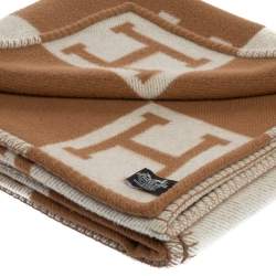 Hermes Ecru & Camel Merino Wool Avalon Throw Blanket