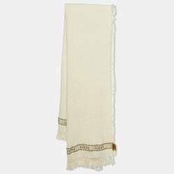Loewe Ivory Logo Cotton Waffle Fringed Beach Towel 