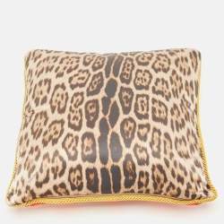 Roberto Cavalli Home Orange/Brown Leopard Print Satin Silk Cushion 41cm x 41cm