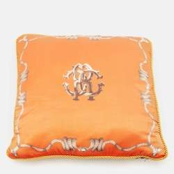 Roberto Cavalli Home Orange/Brown Leopard Print Satin Silk Cushion 41cm x 41cm