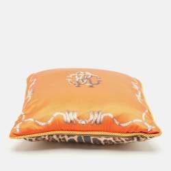 Roberto Cavalli Home Orange/Brown Leopard Print Satin Silk Cushion 41cm x 41cm