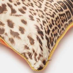 Roberto Cavalli Orange/Brown Leopard Print Satin Silk Cushion 59cm x 59cm