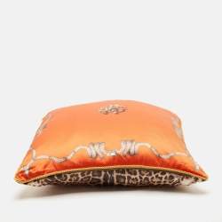 Roberto Cavalli Orange/Brown Leopard Print Satin Silk Cushion 59cm x 59cm