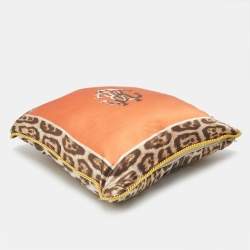 Pre Owned Roberto Cavalli Orange/Brown Leopard Print Satin Silk Cushion 39cm x 39cm