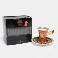 Versace x Rosenthal Light Red Porcelain Medusa Espresso Cup and Saucer
