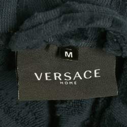 Pre Owned Versace Home Navy Blue Terry Baroque Print Belted Bathrobe M