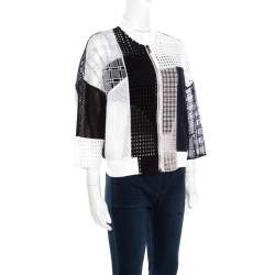 مملوكة مسبقًا 3.1 Phillip Lim White and Navy Blue Cotton Eyelet Patchwork Detail Bomber Jacket S
