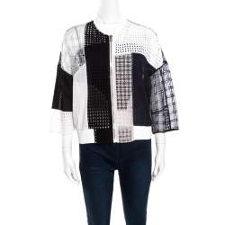 مملوكة مسبقًا 3.1 Phillip Lim White and Navy Blue Cotton Eyelet Patchwork Detail Bomber Jacket S