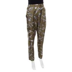 Pre Owned 3.1 Phillip Lim Olive Green Floral Printed Silk Drape Detail Elasticized Waist Pants S