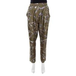 Pre Owned 3.1 Phillip Lim Olive Green Floral Printed Silk Drape Detail Elasticized Waist Pants S