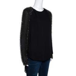 Pre Owned 3.1 Phillip Lim Black Silk Crepe Static Beaded Sleeve Top XS