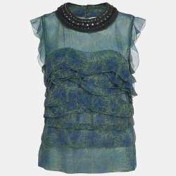 Pre Owned 3.1 Phillip Lim Green Printed Chiffon Embellished Top S