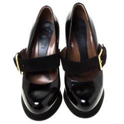 Pre Owned Marni Black Buckle Strap Patent Leather and Suede Round Toe Pumps Size 37.5