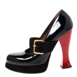 Pre Owned Marni Black Buckle Strap Patent Leather and Suede Round Toe Pumps Size 37.5