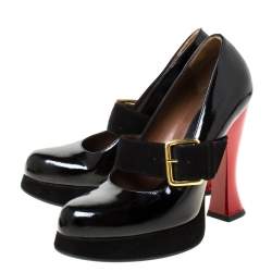 Pre Owned Marni Black Buckle Strap Patent Leather and Suede Round Toe Pumps Size 37.5