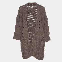 Pre Owned Agnona Dark Beige Cotton Knit Cable Thick Cardigan XXXL