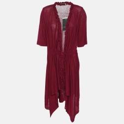 Pre Owned Marina Rinaldi Burgundy Stretch Knit Ruffle Edge Drawstring Cardigan L