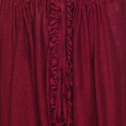 Pre Owned Marina Rinaldi Burgundy Stretch Knit Ruffle Edge Drawstring Cardigan L