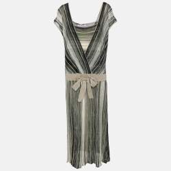Pre Owned Marina Rinaldi Grey/Black Stripe Stretch Knit Midi Dress L