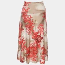 Pre Owned Basler Orange/Beige Coral Print Jersey Midi Skirt XL
