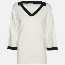 مملوكة مسبقًا سترة برقبة على شكل V بتقليم متباين من جيرسي بلون كريمي مارينا رينالدي مقاس كبير