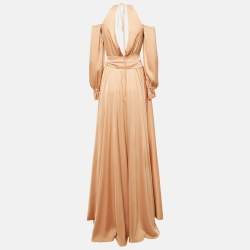Pre Owned Maison d'Angelann Gold Beige Silk Satin Draped Off-Shoulder Long Dress M