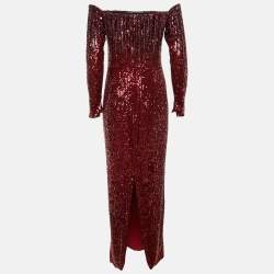 Pre Owned Pamella Roland Dark Red Sequinned Off-The-Shoulder Long Dress S