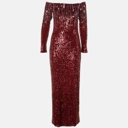 Pre Owned Pamella Roland Dark Red Sequinned Off-The-Shoulder Long Dress S