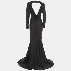 مملوكة مسبقًا Michael Costello Black Jersey Deep V-Neck Ruched Gown M