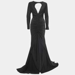مملوكة مسبقًا Michael Costello Black Jersey Deep V-Neck Ruched Gown M