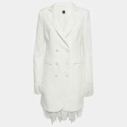 Pre Owned طقم 8 باي يووكش بلايزر وتنورة من قماش تويد أبيض مع أطراف من الريش متوسط