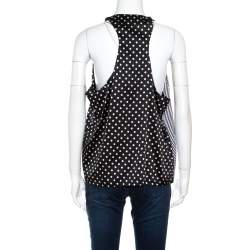 Pre Owned Acne Monochrome Shy Dots and Striped Panel Detail Silk Asymmetric Tank Top L