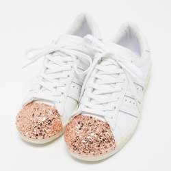 Adidas White/Pink Leather and Metal Superstar Sneakers Size 37.5