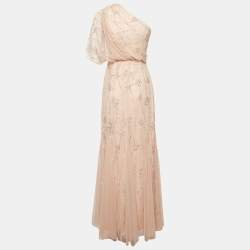 Adrianna Papell Pink Sequin Embroidered Tulle One Shoulder Gown S