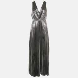 Aidan Mattox Silver Plisse Sleeveless Maxi Dress M