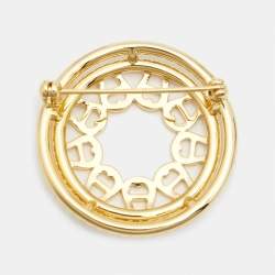 Pre Owned Aigner Logo Crystal Gold Tone Brooch