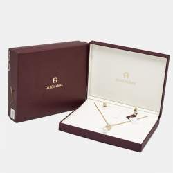 Pre Owned Aigner Crystal Faux Pearl Gold Tone Necklace & Earrings Set