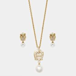 Pre Owned Aigner Crystal Faux Pearl Gold Tone Necklace & Earrings Set