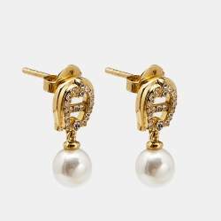 Pre Owned Aigner Crystal Faux Pearl Gold Tone Necklace & Earrings Set