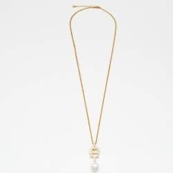 Pre Owned Aigner Crystal Faux Pearl Gold Tone Necklace & Earrings Set