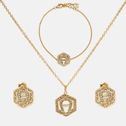 Aigner Logo Crystals Gold Tone Necklace Bracelet Earrings Set