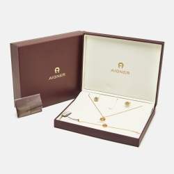 Aigner Logo Crystals Gold Tone Necklace Bracelet Earrings Set