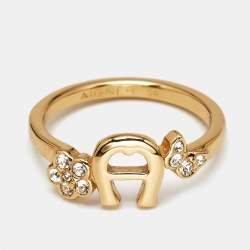 Pre Owned Aigner Logo Crystals Gold Tone Ring Size 53