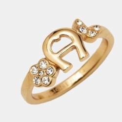 Pre Owned Aigner Logo Crystals Gold Tone Ring Size 53